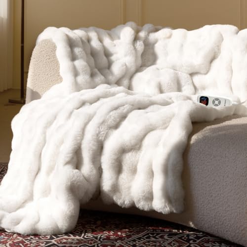 Electric Heated Faux Fur Throw Blanket for Women & Girls - Off White / 50x60