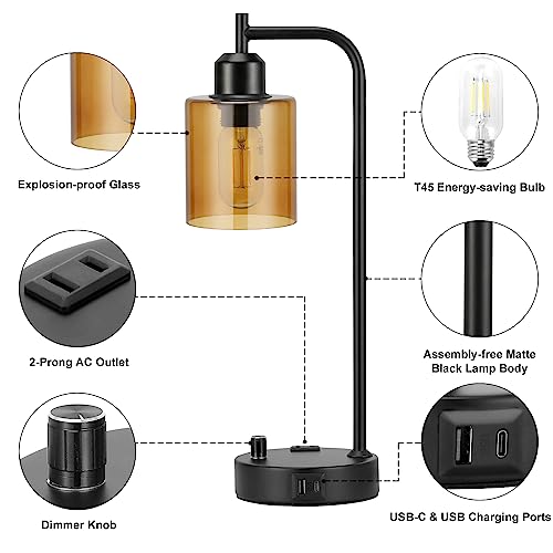 Industrial Bedside Lamps Set of 2 - Amber Glass Shade, Fully Dimmable with USB C & A Ports, Black Table Lamps for Bedroom & Living Room - Variation: Amber