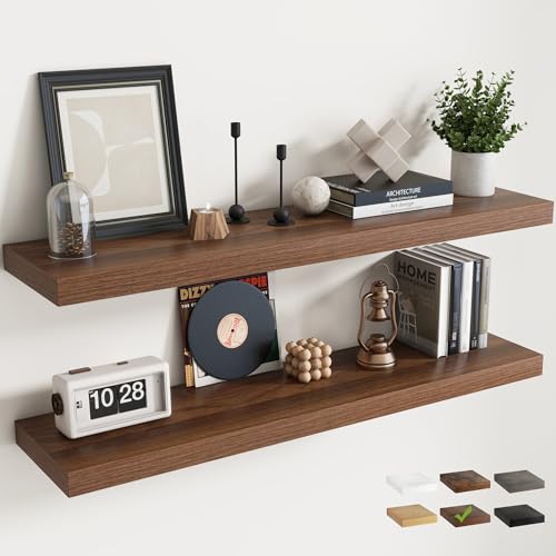 48 Inch Floating Wall Shelves with 9-Inch Depth, Walnut Finish, 2-Pack, 60 Lb Capacity, Wall Mountable