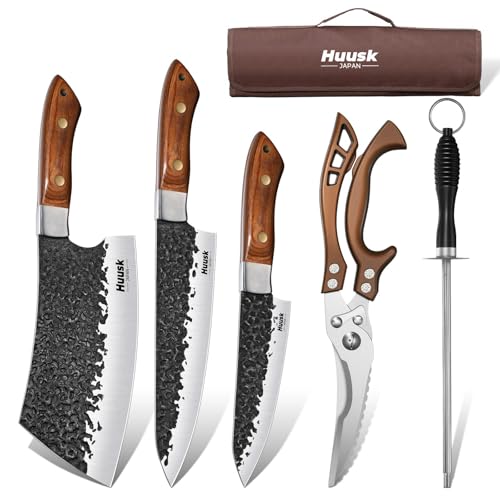 Huusk Chef Knife Set 5 PCS with Roll Bag - Japanese Hand-Forged Kitchen Cutlery