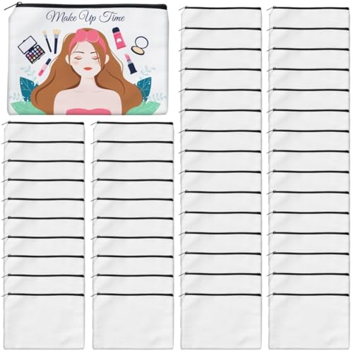 50Pcs Sublimation Canvas Makeup Bags - 7.87 x 5.7 Inch White Cosmetic Organizer Set with Zipper & Gift Box