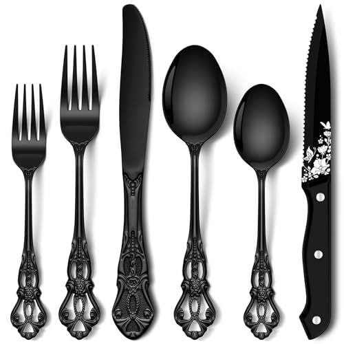 Stapava Retro Royal Black Silverware Set with Steak Knives - 48Pcs Flatware for 8