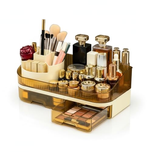 Brown Makeup Organizer with Dual Drawers and Rotating Top - TidyLadyo