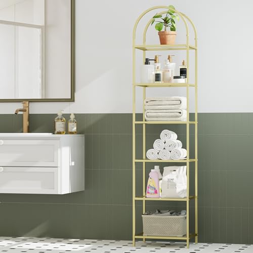Tall Gold 6-Tier Bookshelf with Glass Shelves, Arched Design, 11.8x13.8x68.1 Inches