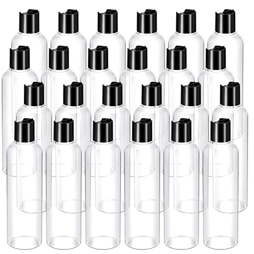 Nuenen 24 Pieces Plastic Empty Bottles Clear Squeeze Travel Containers with Black Disc Cap Refillable Shampoo Travel Bottles for Toiletries Lotion Container for Body Soap Cream(8 oz)