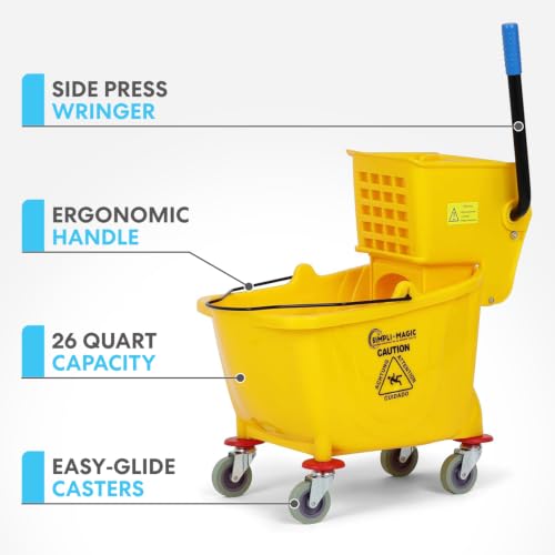 Commercial 26 Quart Mop Bucket with Side Press Wringer - Heavy-Duty, Yellow