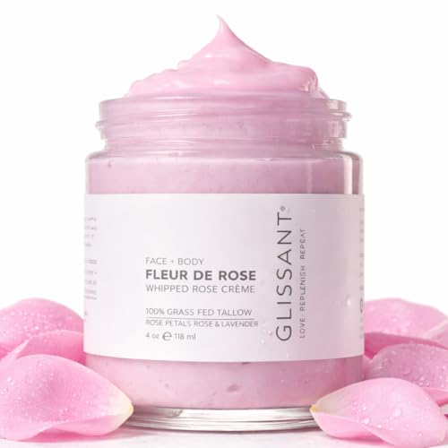 GLISSANT Rose Tallow Cr?me with Lavender | Grass Fed Whipped Beef Tallow Moisturizer for Face & Body | Deep Hydration for Dry Sensitive Skin | Extra Filtered No Beef Scent | 4 oz