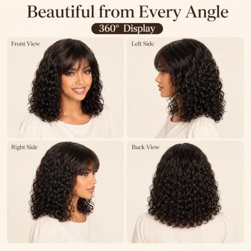 ManeMajesty Wet and Wavy Human Hair Wig with Bangs 16 Inch, 150% Density, Natural Color