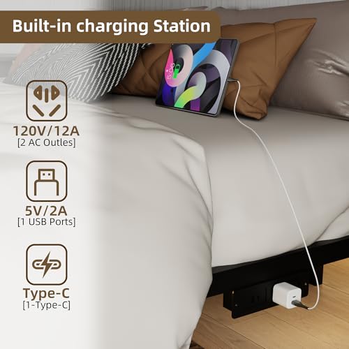 Black Full Size Floating Bed Frame with LED Lights & Charging Station