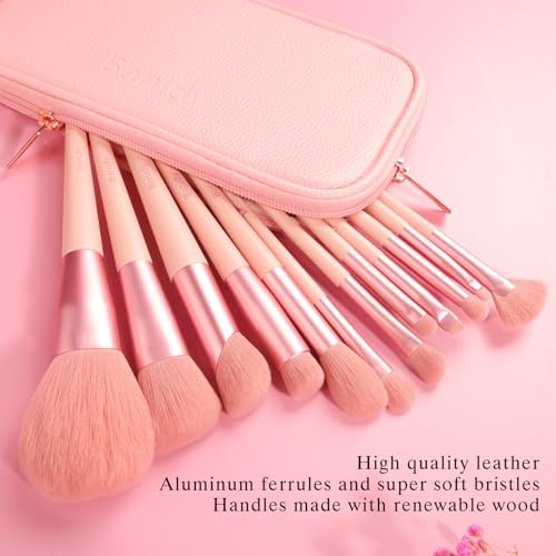 Banidy 12-Pink Vegan Makeup Brush Set with Storage Bag - Professional & Beginner
