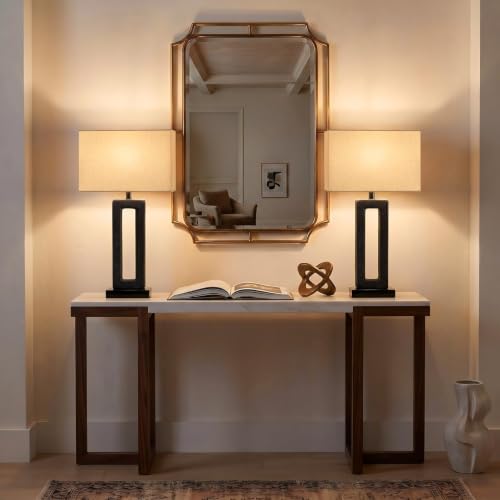 22-Inch Matte Black Textured Ceramic Table Lamps Set of 2 with Linen Shades - Modern Nightstand Lamps for Bedroom & Living Room - Variation: Matte Black-2Pack-22"