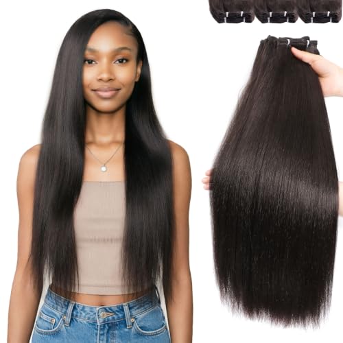 Dark Brown Yaki Straight Hair Bundles - 22 24 26 Inch Human & Synthetic Blend