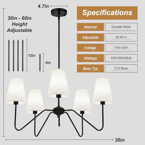 FIYUEOYI 5-Light Black Modern Farmhouse Chandelier with White Fabric Shade - Variation Black & White