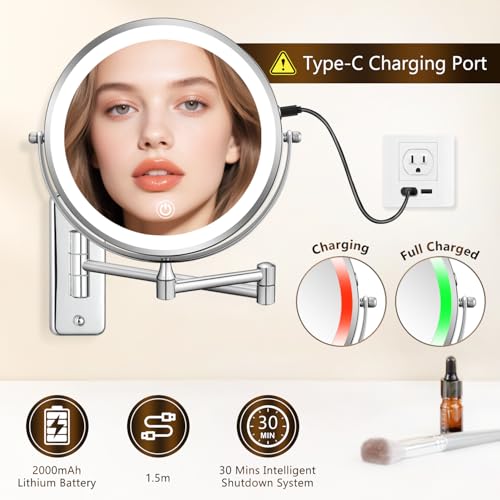 Rechargeable 8 Inch Makeup Mirror with 3 Lights - Silver LED, 1X/15X Magnification