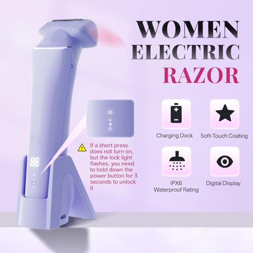 krofaue Women Electric Shaver - Cordless Waterproof Body Foil Shavers, Dry & Wet Electric Razors for Women with LED Display USB Charge Dock Purple