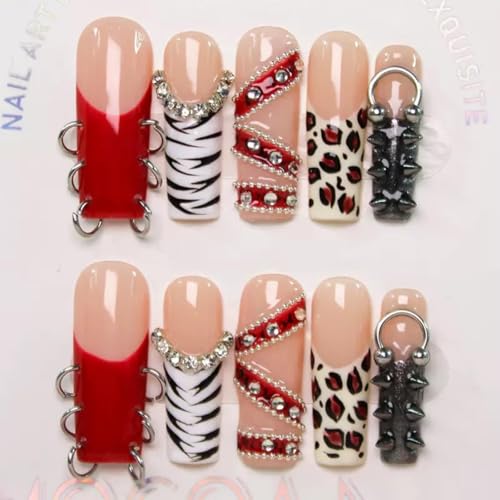 100% 5D Handmade Press on Nails with Charms Long Square Nails Press ons- Red French Tips False Nails Rhinestone Brown Leopard Fall Press on Nails for Women Girls Daily Wear DIY Manicure Size M