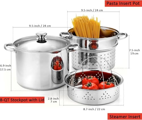 8 Quart Stainless Steel Pasta Pot with Strainer Lid - 3-in-1 Cooking Set