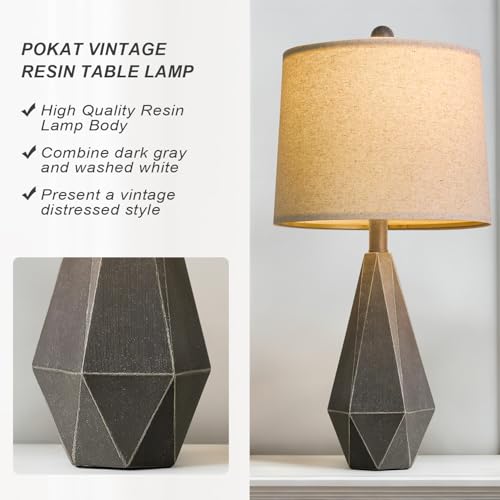 PoKat 23.5'' Farmhouse Set of 2 Nightstand Lamps - Rustic Linen Shade Deep Grey