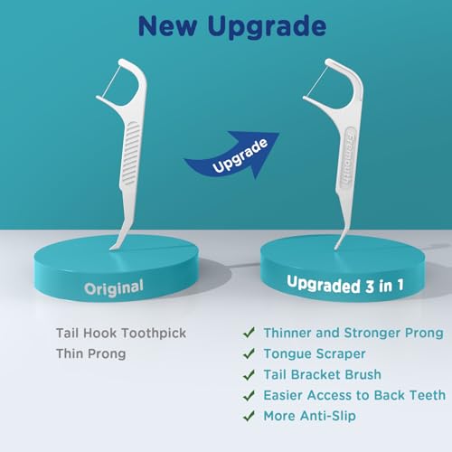 Fremouth 3-in-1 Orthodontic Dental Floss Picks - 300 Count, Braces Flossers with Tongue Scraper & Brush