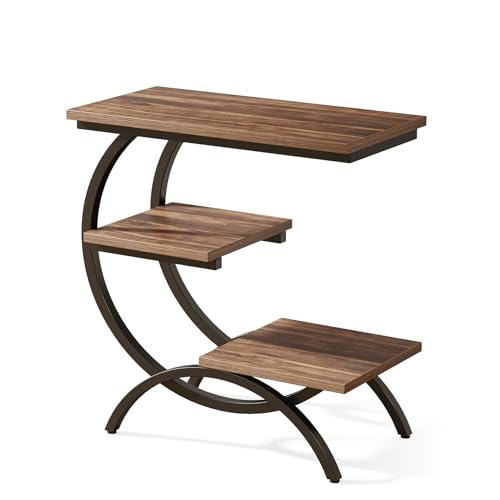 C-Shaped End Table - 3-Tier Rustic Brown Side Table for Living Room & Small Spaces - Set of 2 - Rustic Brown