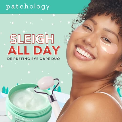 Patchology Gift Set - Depuffing Under Eye Masks & Facial Roller Duo ? Caffeine & Hyaluronic Acid Collagen Under Eye Patches for Puffy Eyes, Dark Circles & Wrinkles, Holiday Gift Skincare - 15 Pair Jar