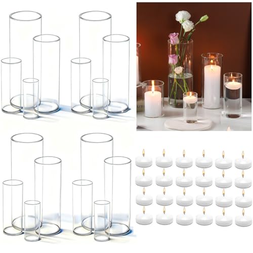 UDU 16 Pack Set of 4-10 Inch Clear Glass Cylinder Vases with Floating Candles for Wedding & Home Decor
