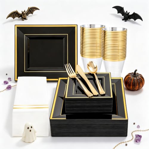 Black and Gold Disposable Plastic Plate Set for 50 Guests - Square Dinnerware with Cups, Cutlery, Napkins - Perfect for Weddings & Halloween 50 Guests