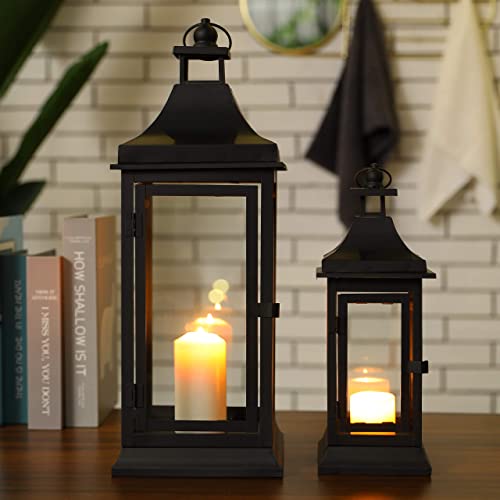 Vintage Outdoor Candle Lantern Set of 2 - Black, 13 and 19.5 Inches Tall