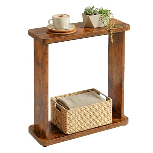 Rustic Brown Narrow Side Table - 7.9 Inch Slim End Table with Dual-Tier Storage