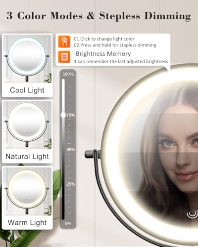 Vpu 9-Inch Wall Mounted Magnifying Makeup Mirror with Light, Adjustable Height, Black