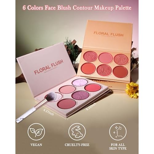 Matte Face Blush Palette with Brush-6 Color High Pigment Mineral Blendable Blusher Contour Powder for Cheeks,Longlasting Facial Beauty Cosmetic,Valentine's Women's Day Makeup Gift for Women-Set 02