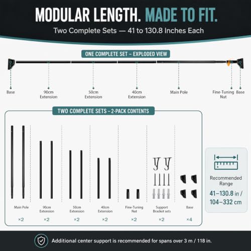 Heavy Duty Tension Shower Curtain Rod Set - No Drilling, Adjustable 41-126 Inch, Rustproof Black