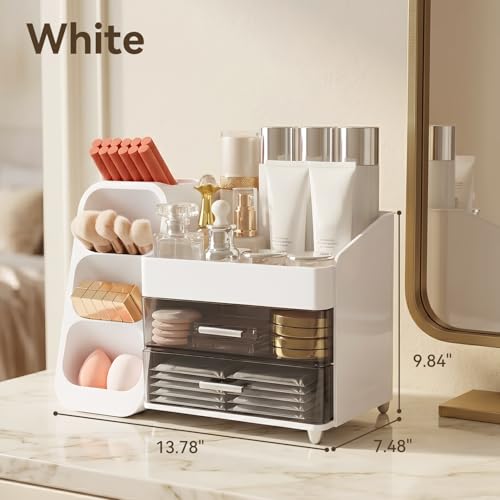 Makeup Organizer for Vanity with Brush Holder and Drawers - White - Brothersbox