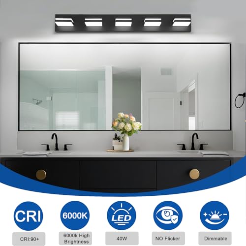 Black 5-Light Dimmable Bathroom Vanity Light Fixture - 360° Rotatable, Matte Black Acrylic Wall Sconce, Over Mirror LED Lighting - 30 Inch