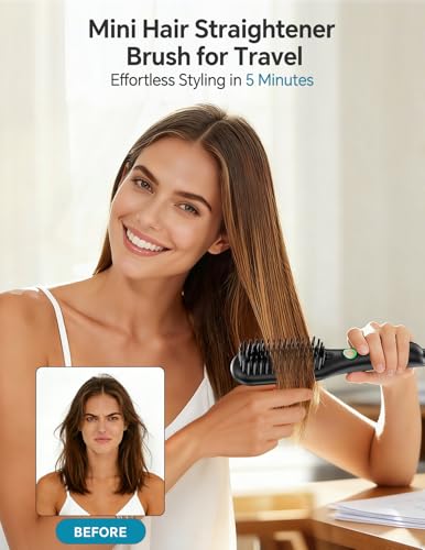 LANDOT Black Mini Ionic Ceramic Hair Straightener Brush - Travel Safe