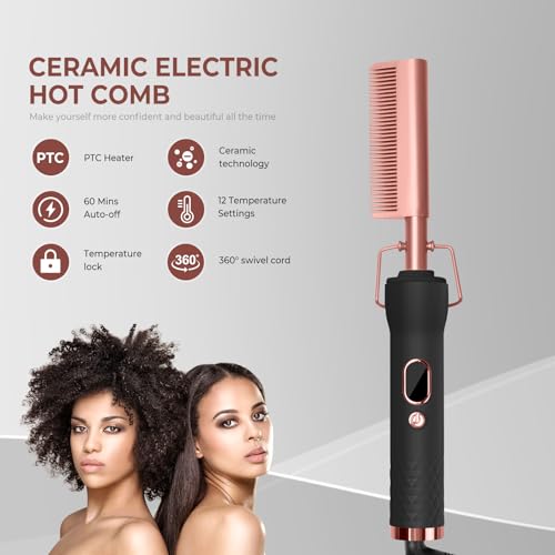 Black Hot Comb for Wigs & Hair Styling - 12 Temp Settings up to 450°F, Portable Electric Straightening & Curling Iron - Trylater