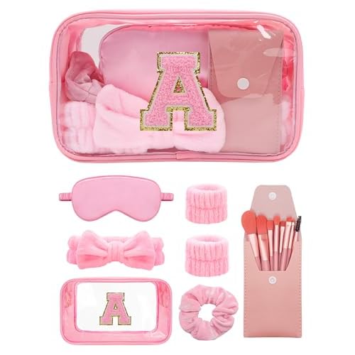 Gift Sets for Women, Initial Makeup Bag with Makeup Brush Set Bachelorette Party Favors, Pink Spa Kit with Skincare Headbands Wrist Bands Sleepover Party Supplies Gifts for Teen Girls Bridesmaid A