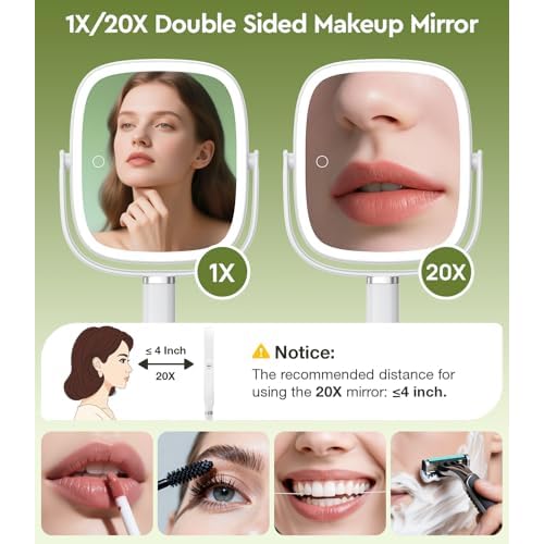 Height Adjustable Lighted Makeup Mirror with Lights and Magnification, 1X 20X Magnifying Mirror with Light 4000mAh Rechargeable, Tray Base and Phone Stand for Desk, Gifts for Women (White)