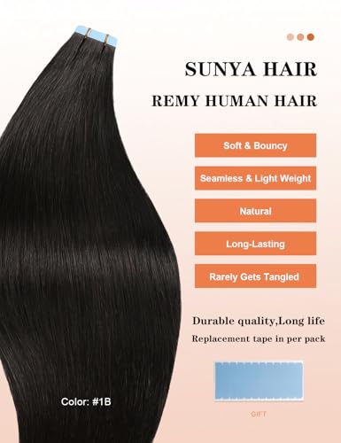 Sunya Tape in Hair Extensions 22 Inch Straight Human Hair Black #1B - 20 Pieces, 50g