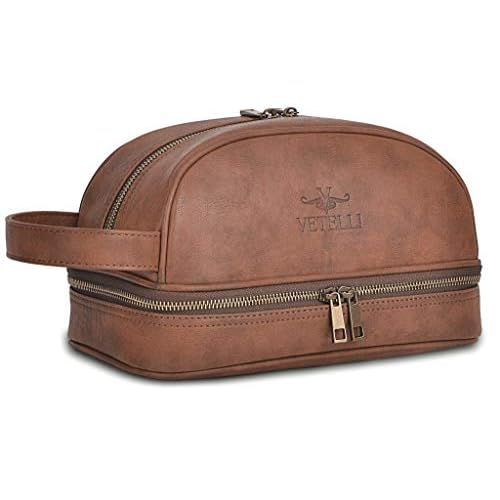 Vetell Classic Leather Men's Travel Toiletry Bag and Dopp Kit with Upper and Lower Zippered Compartments, 2 Mesh Bottle Pouches and Carrying Handle