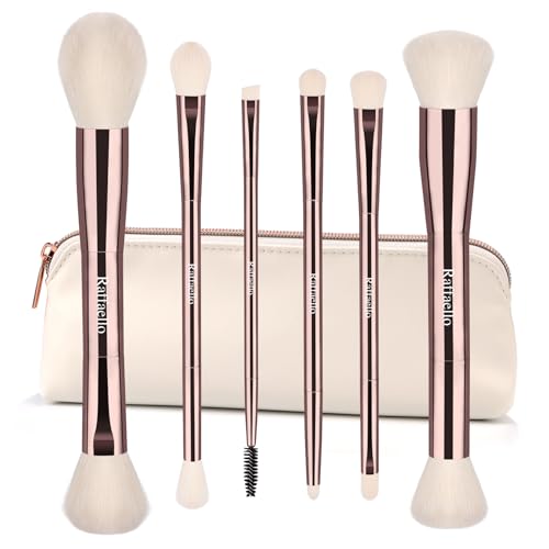 Dual-Ended Makeup Brush Set with Recycled Materials & Travel Pouch - Professional Face & Eye Tools