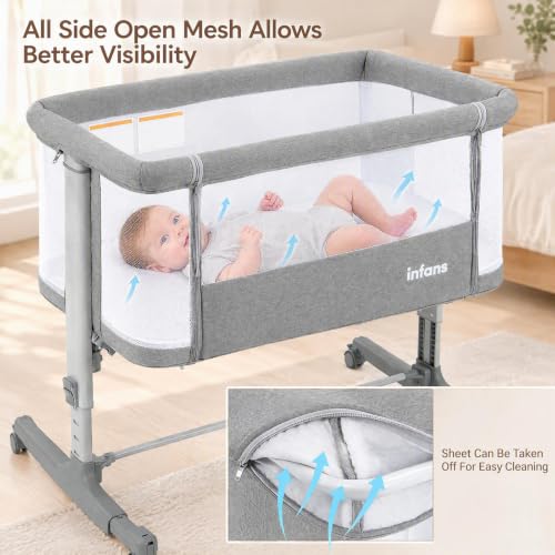 INFANS 3-in-1 Baby Bassinet Bedside Sleeper with Manual Rocking - Light Grey, 34 x 25 x 32 inches