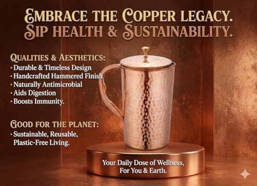 Taluka Handcrafted Copper Water Pitcher with Lid & Tumblers - 70oz / 2000ml
