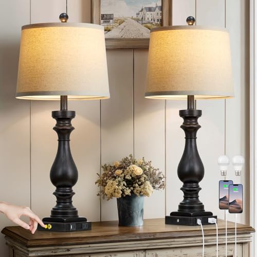 Black Vintage 29-Inch Tall Table Lamps Set of 2 with USB C & AC Outlets - Farmhouse Touch Nightstand Lamps