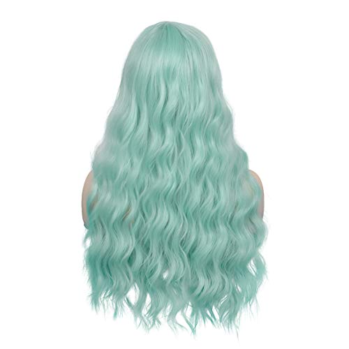 Swiking Mint Green Curly Wigs for Women - Long Wavy Synthetic Cosplay Hair with Bangs