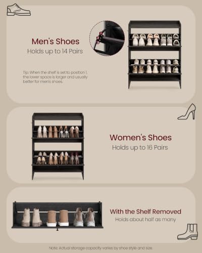 VASAGLE Narrow Shoe Storage Cabinet Organizer with 2 Flip Drawers - Smoky Black
