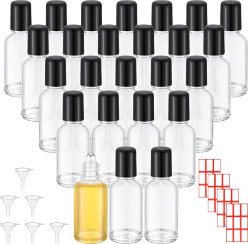 Sumind 24 Pack 30ml Clear Glass Roller Bottles for Essential Oils - Includes Funnels & Labels