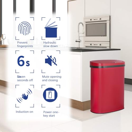 BestOffice 13 Gallon Stainless Steel Trash Can with Lid - Red (Automatic Sensor)