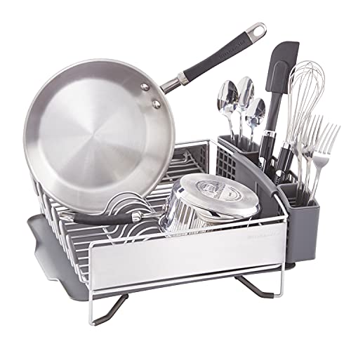 KitchenAid Compact Gray Dish Rack with Removable Flatware Caddy & Self-Draining Drainboard