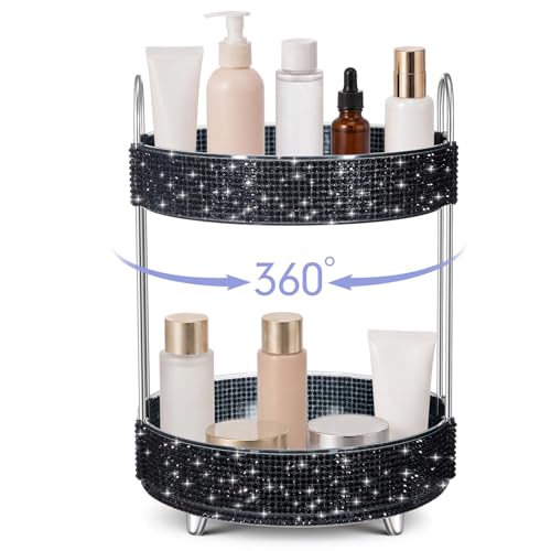 Honeydak 2-Tier Rotating Cosmetic Display with Resin Diamonds, Black